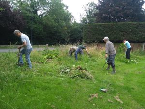 Volunteers digging up brambles and cutting back nettles